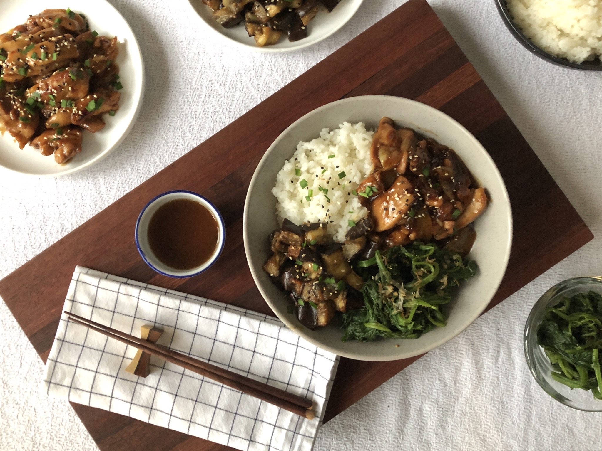chicken teriyaki, miso roasted eggplant, spinach and rice
